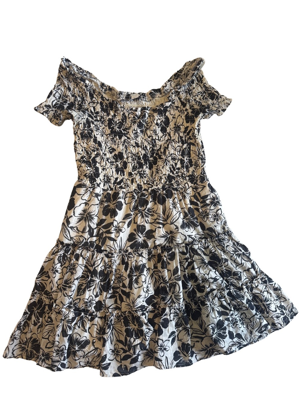 American Eagle Floral Smocked Mini Dress Women's Medium Black White Boho Tiered
